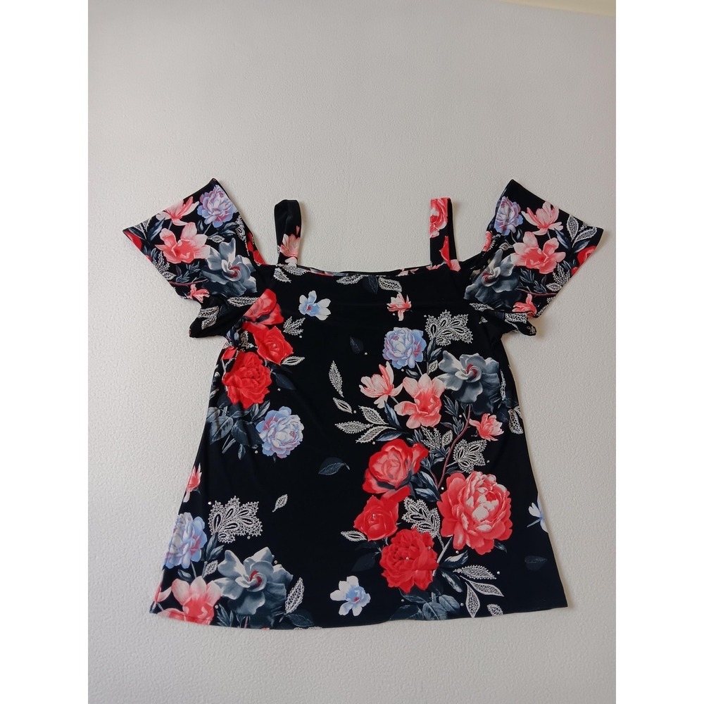 INC International Concepts Blouse Womens‎ P/M Black Floral Cold Shoulder Ruffle